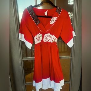 Vintage red embroidered dress (from the late 80s)with ribbon tie bow in back